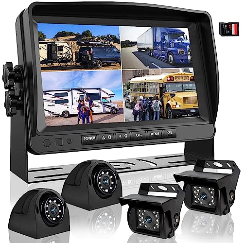 Backup Camera System with 9'' Quad Split 1080P Monitor for RV Trailer Semi Truck Camper Bus & 4 AHD Rear Side View Camera with DVR Record Function Night Vision IP69 Waterproof Avoid Blin...